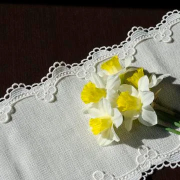 Five daffodils are on a light linen napkin. Image suitable for backgrounds to Stock Photos