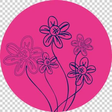 Five daisylike flowers are floating on fuchsia circle, flat design hatched Stock Illustration
