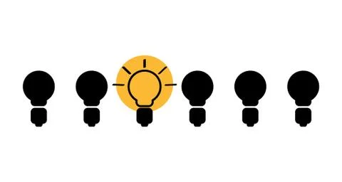 Five dark bulbs and one lighting bulb Illustrazione stock