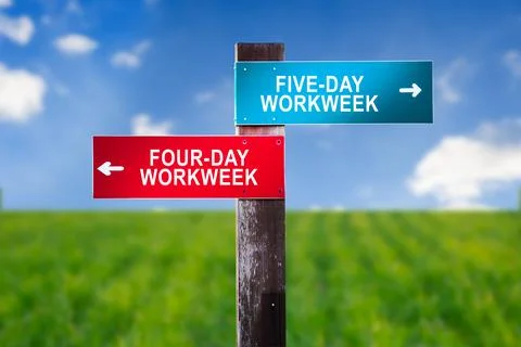 Five-day versus Four-day workweek - Road sign with two options. Stock Photos