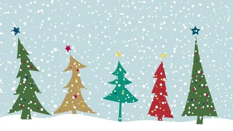 Five decorated christmas trees standing in the snow with snow falling and s.. Видео 329152168