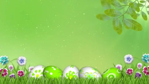 Five decorated easter eggs on green blur background, waving colourful flowe.. Stock Footage 306074715