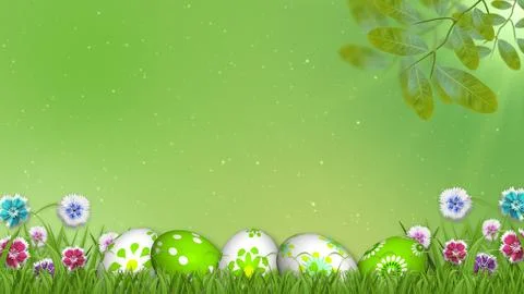 Five decorated easter eggs on green blur background, waving colourful flowe.. Stock Illustration