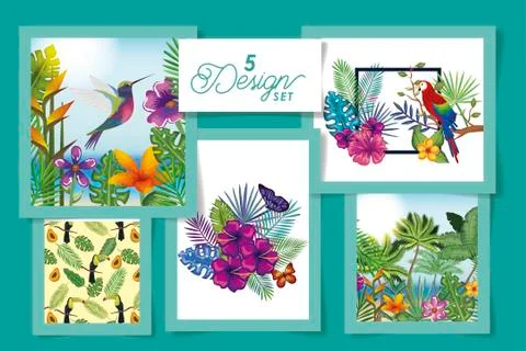 Five designs of animals with flowers and leafs tropicals 스톡 일러스트