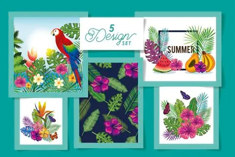 Five designs of animals with flowers and leafs tropicals 스톡 일러스트