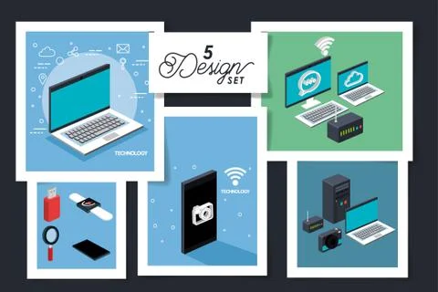 Five designs of devices technologics with icons Stock Illustration