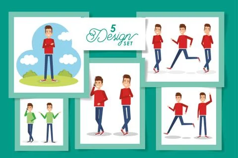 Five designs of men avatars with clouds and shrubs Stock Illustration