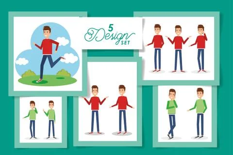Five designs of men avatars with clouds and shrubs Stock Illustration