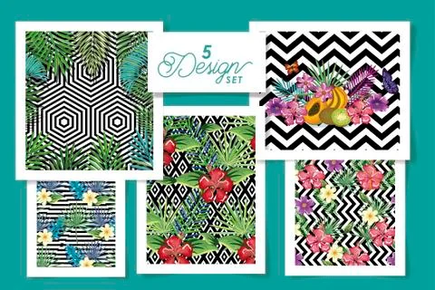 Five designs tropicals in patterns monochromatic geometric Illustrazione stock