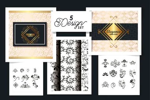 Five designs of victorian frames and patterns geometric Illustrazione stock