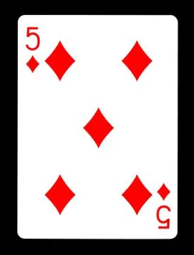 Five of Diamonds playing card, isolated on black background. Stock Photos