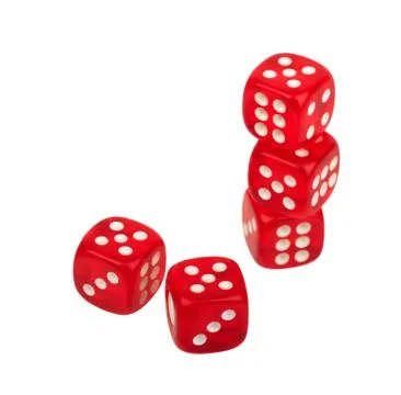 Five dice dice with a number one at the top isolated on white background, cas Foto stock