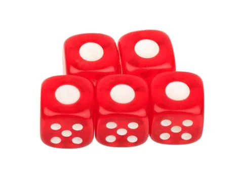 Five dice dice with a number one at the top isolated on white background, cas Stock Photos