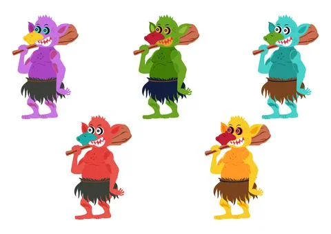 Five different colored Goblins. Set of goblin or troll with hunting tool Stock Illustration