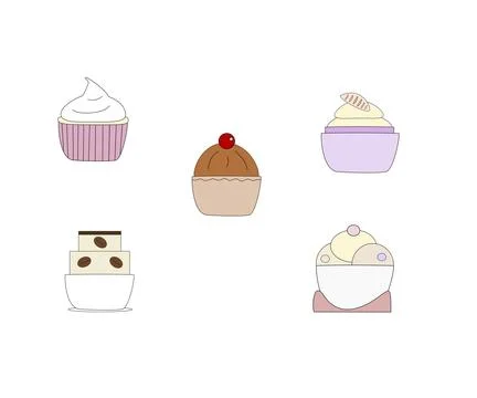 Five different cupcakes and tartlets, white background Stock Illustration