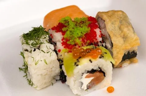 Five different delicious rolls Stock Photos