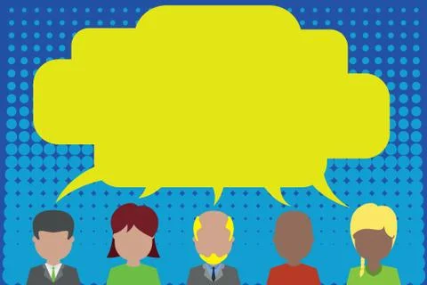Five different race persons sharing speech bubble. Men, women, boy, having Stock Illustration