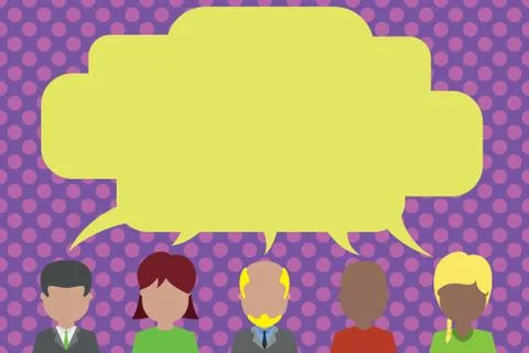 Five different race persons sharing speech bubble. Men, women, boy, having Stock Illustration