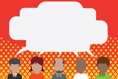 Five different race persons sharing speech bubble. Men, women, boy, having Stock Illustration