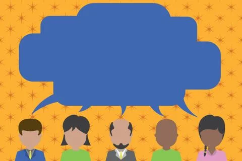 Five different race persons sharing speech bubble. Men, women, boy, having Stock Illustration