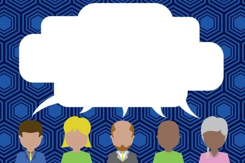Five different race persons sharing speech bubble. Men, women, boy, having Stock Illustration