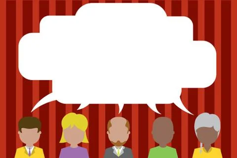 Five different race persons sharing speech bubble. Men, women, boy, having Stock Illustration