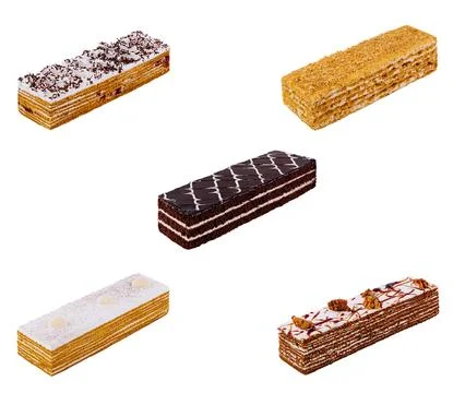 Five different rectangular cakes laying horizontally on white background Stock Photos