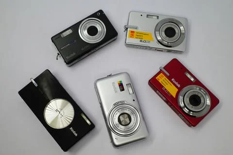 Five digital Kodak compact cameras Stock Photos