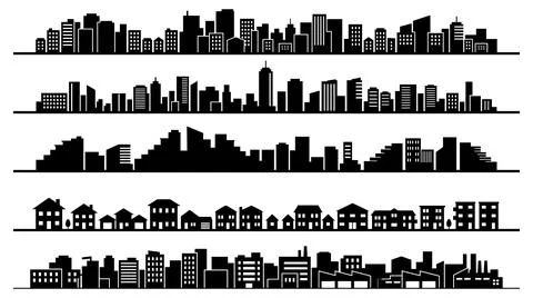 Five distinct urban architectural skyline silhouettes collection vector set Illustrazione stock