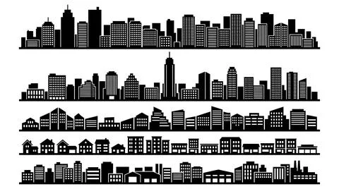 Five distinct urban cityscape silhouettes collection vector graphic design 库存插图