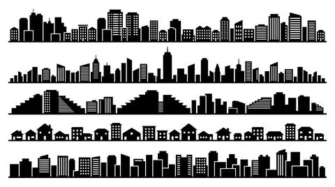 Five distinct urban skyline silhouettes Illustrazione stock