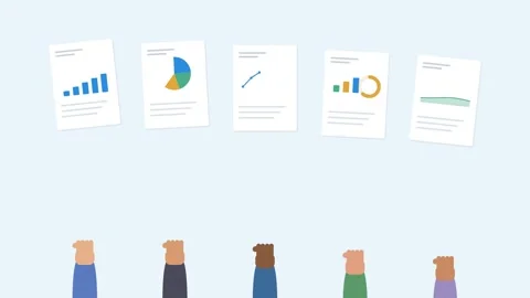 Five diverse hands holding up report sheets with different animated charts Vídeos de archivo 342531528