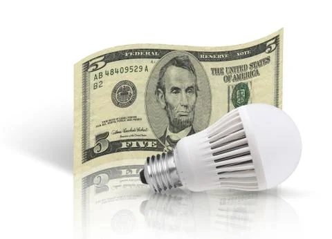 Five dollar banknote and led bulb. isolated on white background Stock Illustration