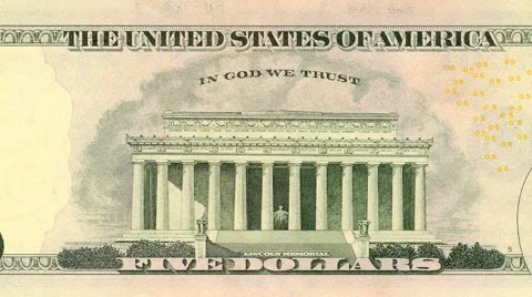 Five dollar note reverse dolly shot from right to left showing 5 symbols 4k Stock Footage 61521351