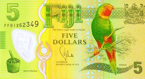 Five dollar polymer cash banknote from Fiji issue Reserve Bank of Fiji. Stock Photos