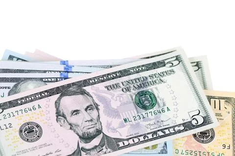 Five dollars isolated on white background Stock Photos