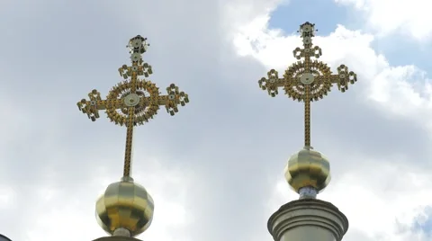 Five-Domed Cathedral Two Golden Cupolas Decorated Church Top Golden Crosses Stock Footage 64106930