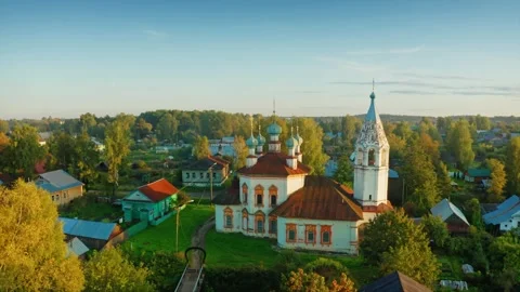 Five Domes and Crosses Over an Old Low-Rise Town. . Aerial Drone Shot Stock Footage 257771913