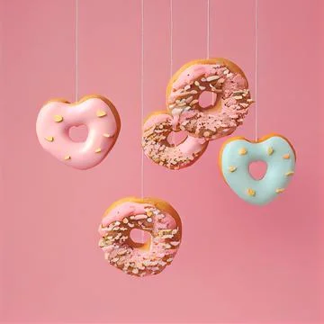 Five Donuts in the form of hearts and rings hang in the air on a pink BG Stock Illustration