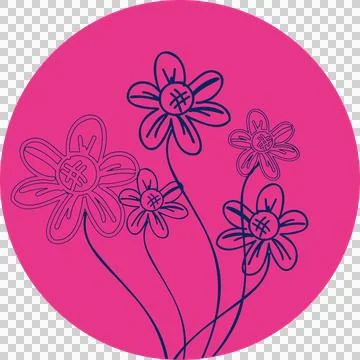 Five doodle style daisies are appearing over magenta circle on transparent Ilustração Stock
