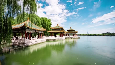Five Dragon Pavilions behind willow branches in Beihai Park Stock Footage 346572131
