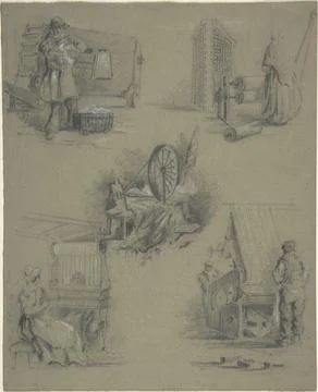 Five drawings showing processes of weaving and spinning 19th century Anonym.. Stock Illustration