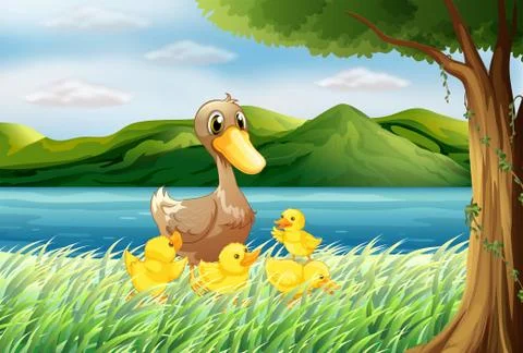Five ducks at the riverbank Stock Illustration