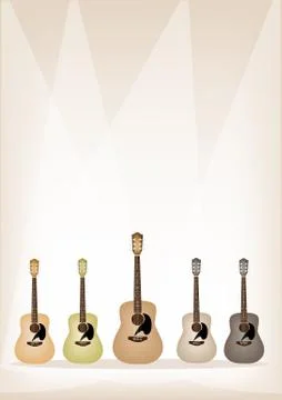 Five Earth Tone Guitars on Brown Stage Background Stock Illustration
