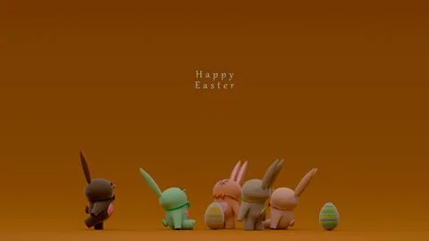 Five Easter Bunny Figurines with Two Decorated Eggs on a Brown Background w.. Stock Illustration