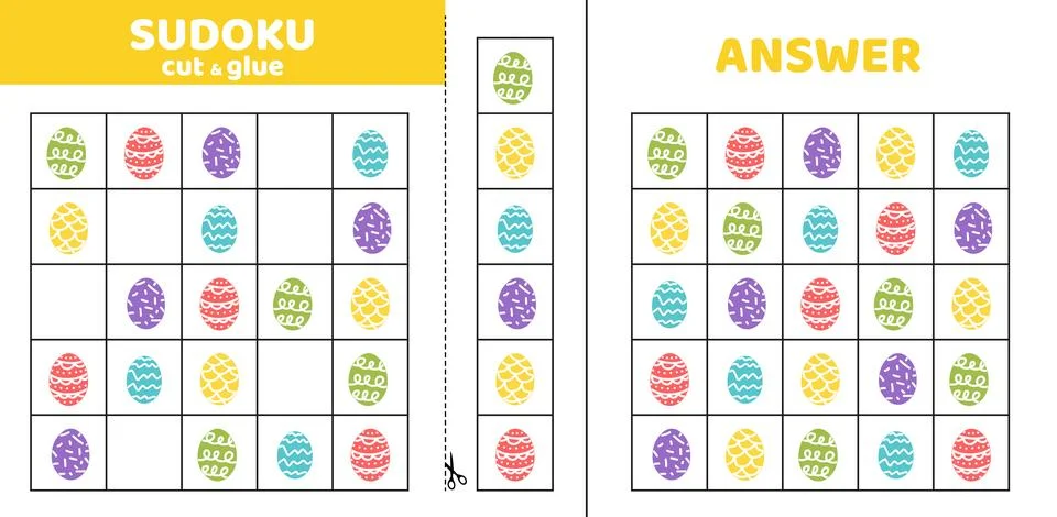 Five Easter eggs in sudoku. Game puzzle for kids. Cut and glue. Cartoon Stock Illustration