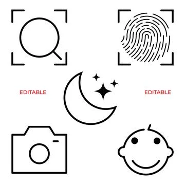 Five Editable Outline Icons Camera Moon kid Face Fingerprint Magnifying Glass Stock Illustration