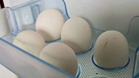 Five eggs in a plastic tray of refrigerator Stock Footage 319416374