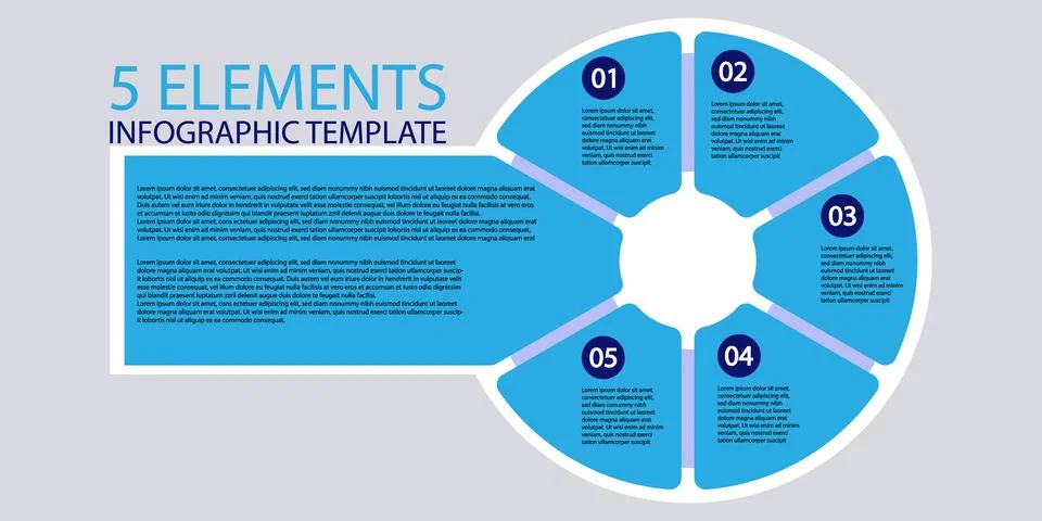 Five element blue circular infographic template with detailed text layout. 스톡 일러스트