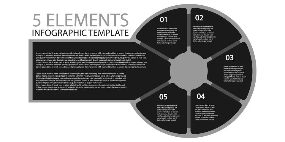 Five elements dark infographic template with blank space for text. 库存插图
